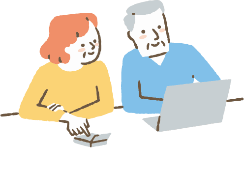PC画面を一緒に眺める高齢夫婦のイラスト